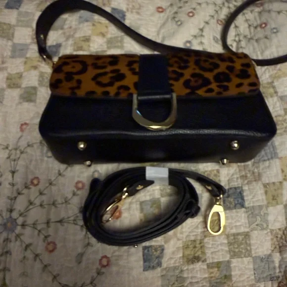 Leopard Print Flap Satchel Handbag in Black and Brown with crossbody strap - Picture 3 of 5